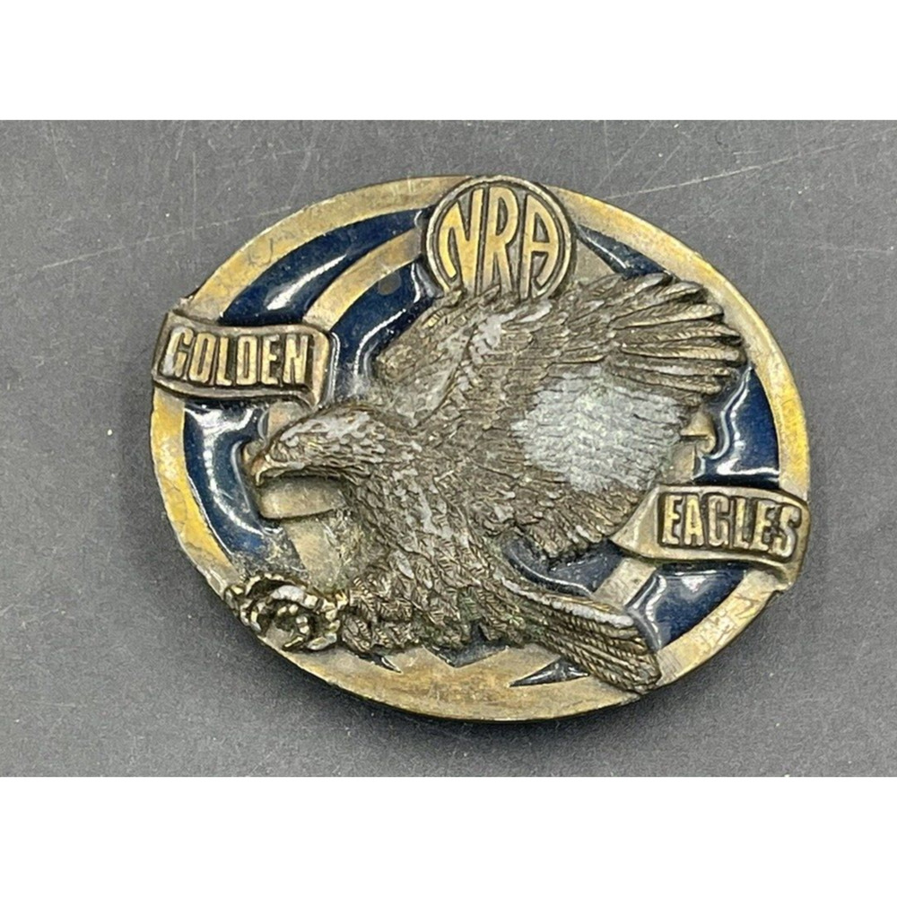 NRA Golden Eagles Belt Buckle, Blue Enamel & Brass - Vintage NRA 3" x 2.5"